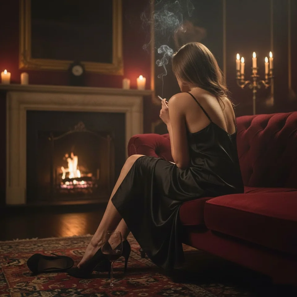 A fireplace glowing in a dim room